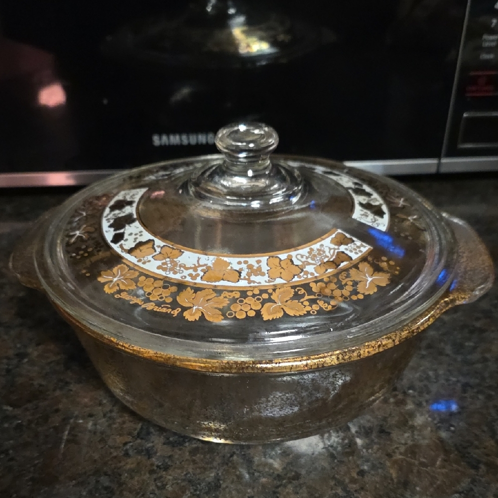 Fire King Glass Casserole Dish with Gold Floral Accents